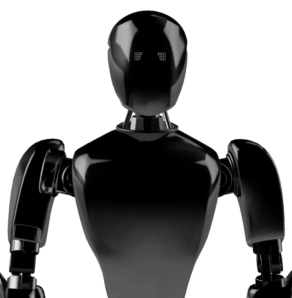 A robot in gloss black, head and shoulders, facing the viewer